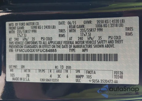 2015 Ford Escape Se z USA, uszkodzony, nr VIN 1FMCU0GX1FUC84885